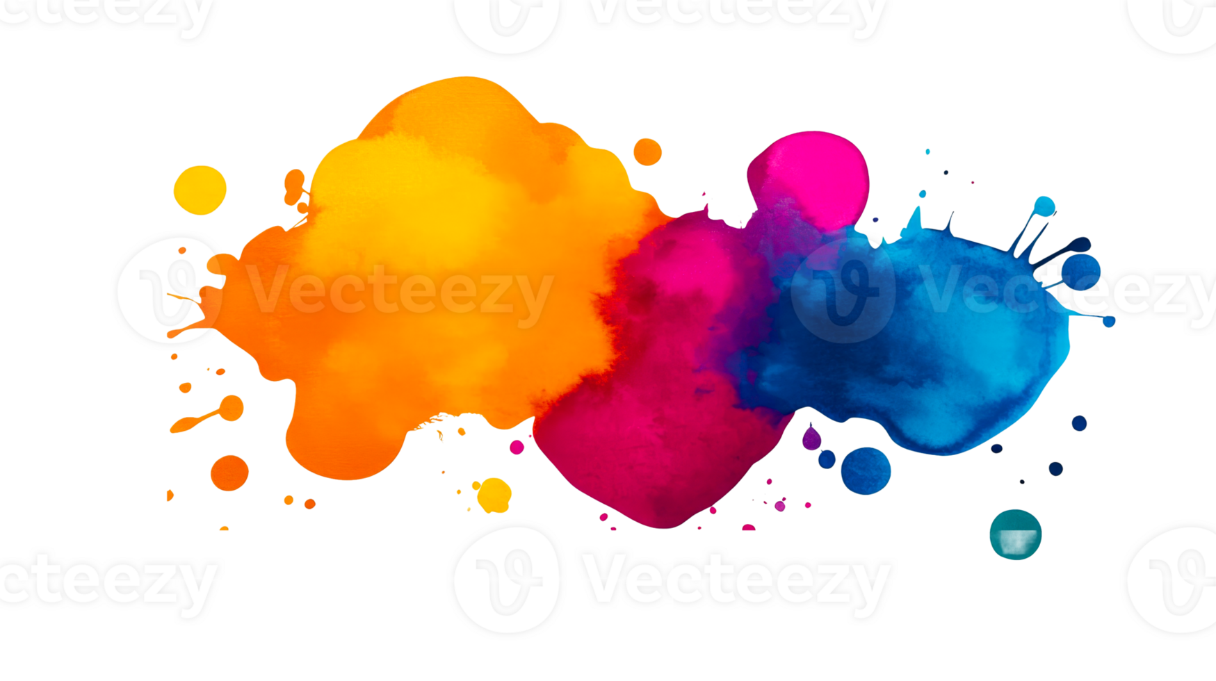 Vibrant paint splashes with watercolor texture on black, cut out transparent png