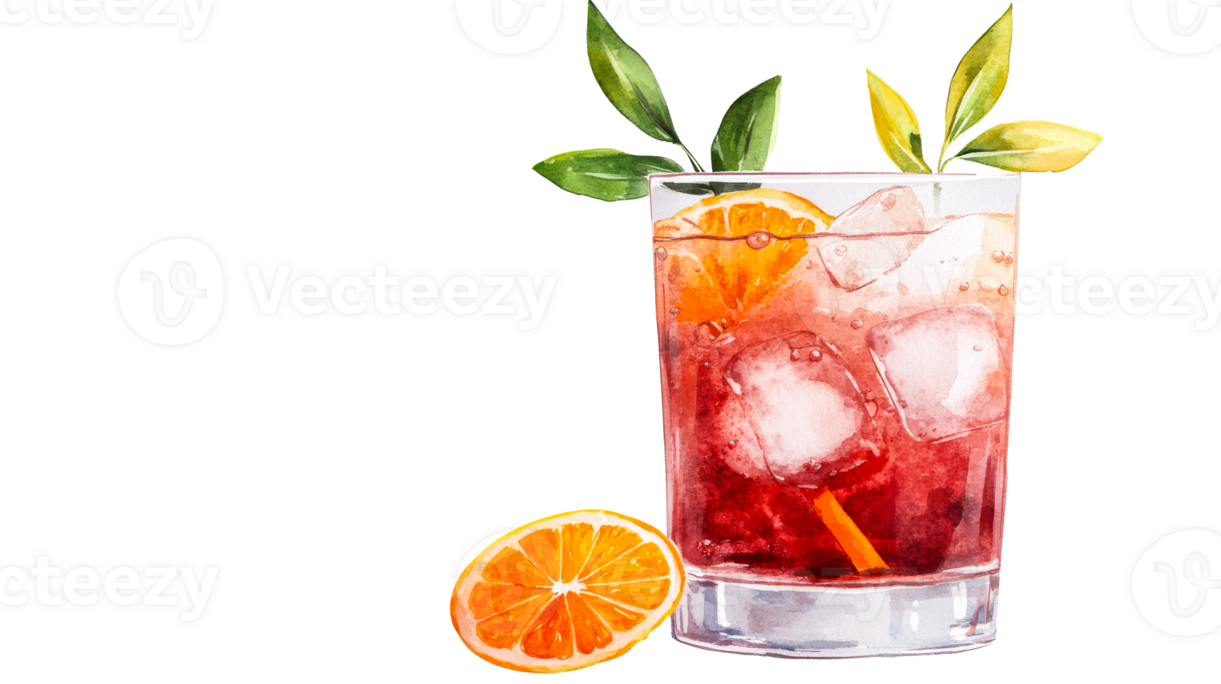 Watercolor illustration of a red drink, ice, orange slice, leaves, cut out transparent png