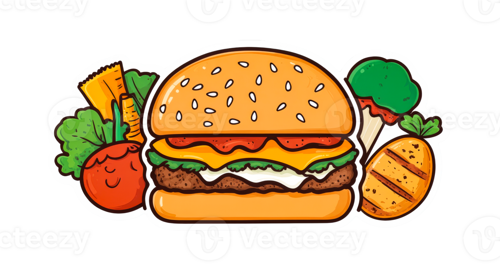 Burger with fresh vegetables close up, bright and healthy, cut out transparent png