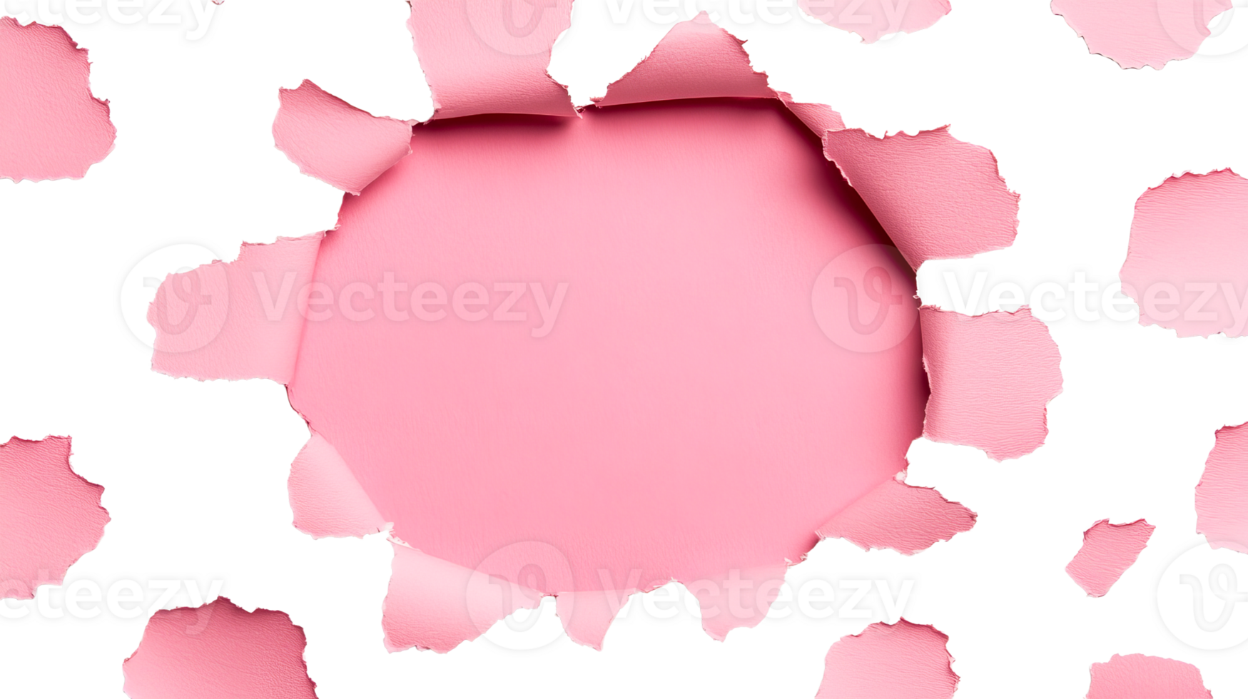 Torn paper reveals pink background, vibrant texture, blank template, cut out transparent png