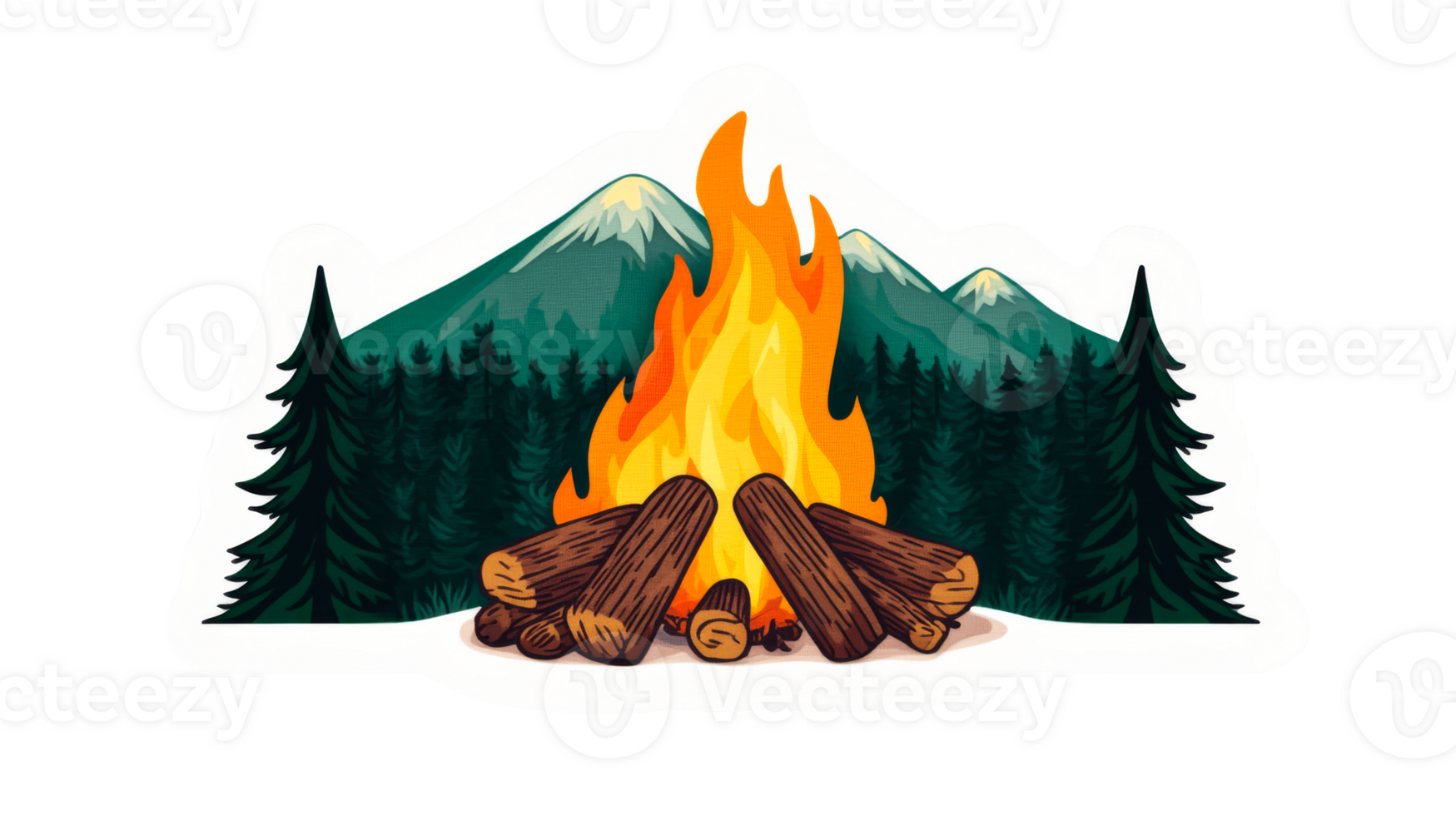 Bonfire surrounded by trees and mountain landscape, cut out transparent png