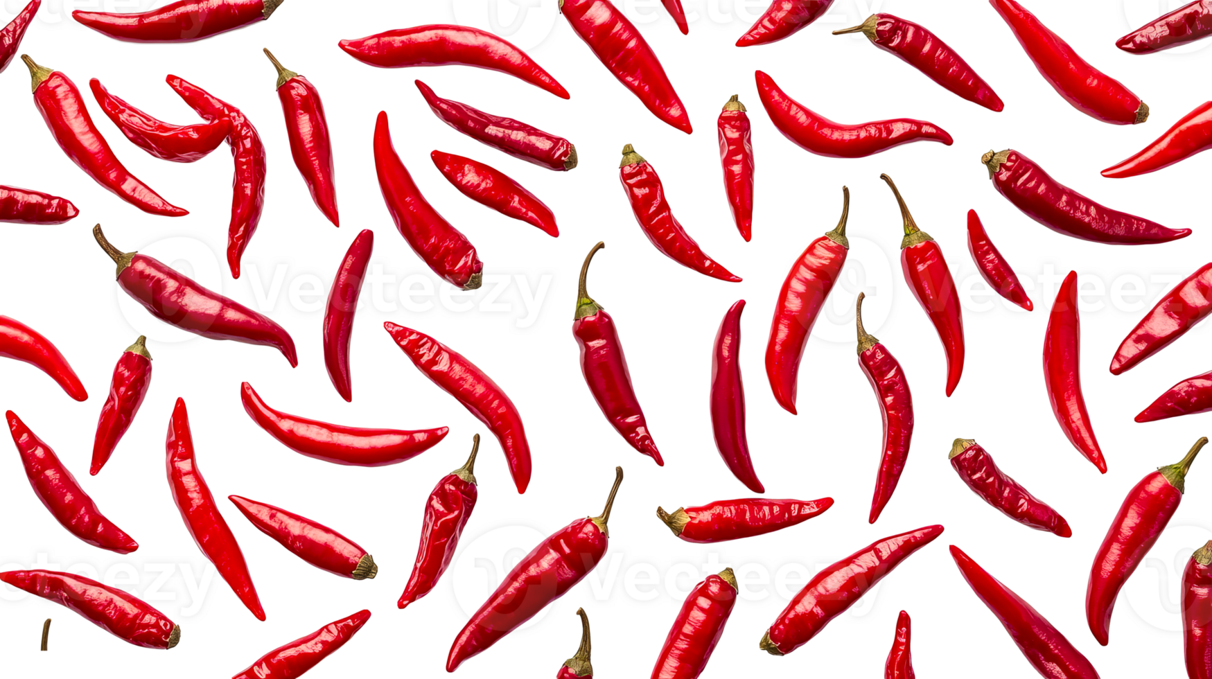 Red chili peppers pattern, on black background, cut out transparent png