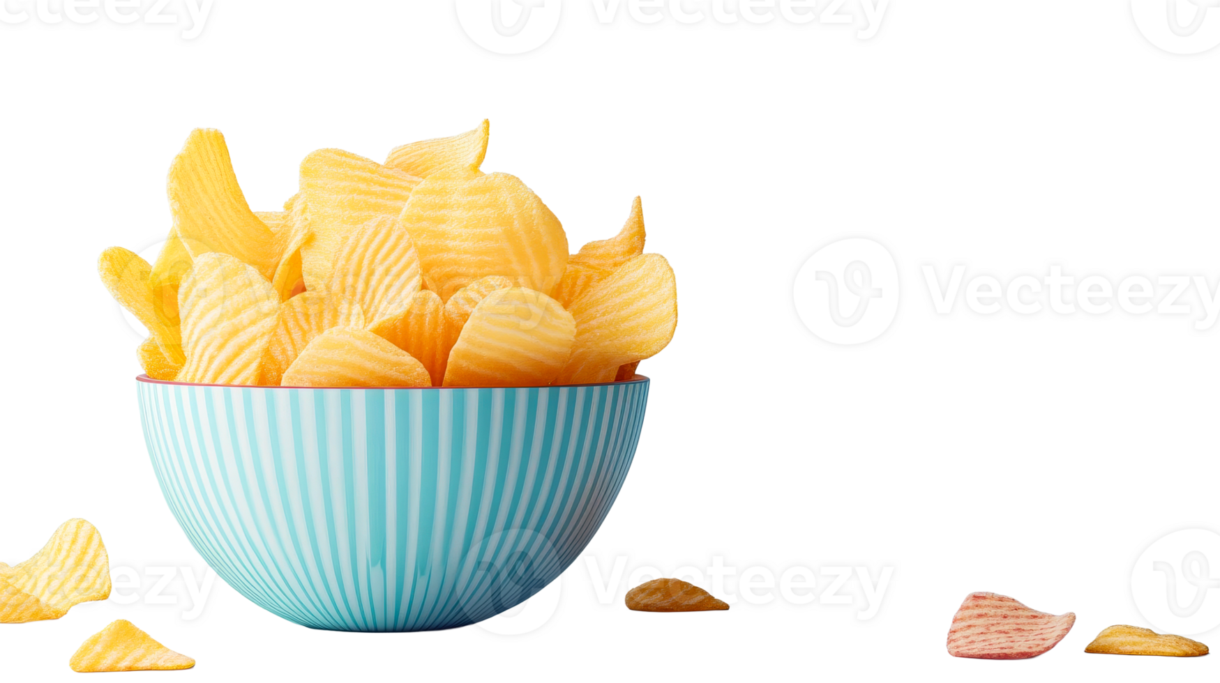 Crispy potato chips in bowl, isolated on black background, cut out transparent png