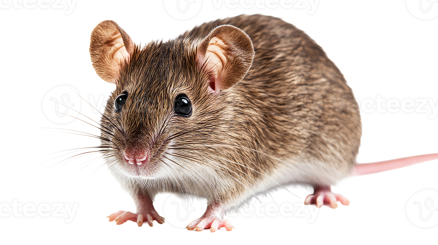 Brown mouse with black eyes on black, cut out transparent png