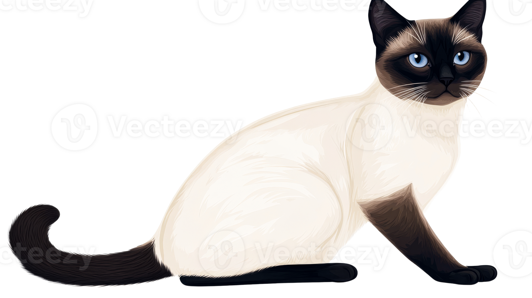 Siamese cat with blue eyes sits gracefully, cut out transparent png