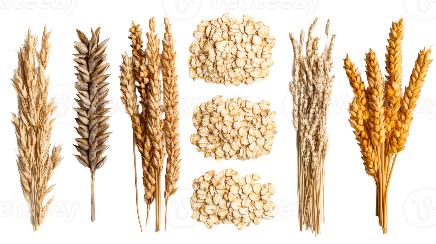 Assortment of wheat, oats, and grains, isolated on black, cut out transparent png