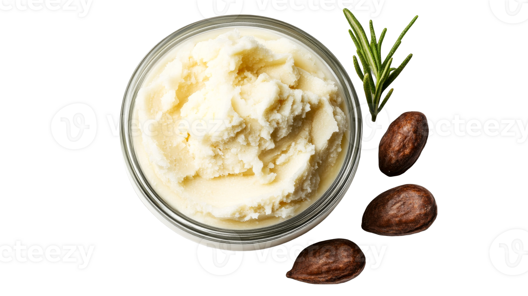 Shea butter in jar with rosemary and nuts, top view, cut out transparent png