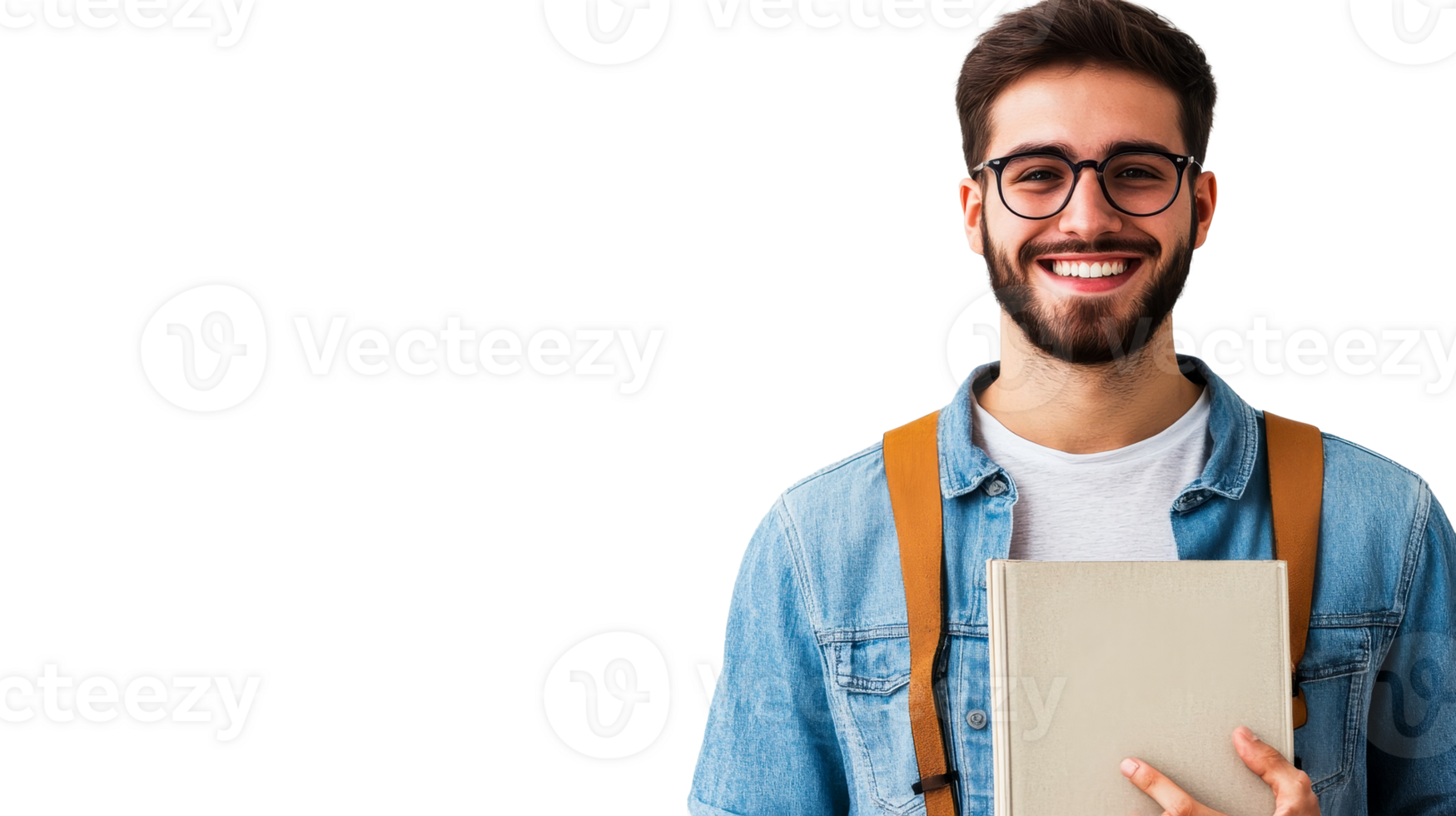 Smiling student holding a book and wearing a backpack, cut out transparent png