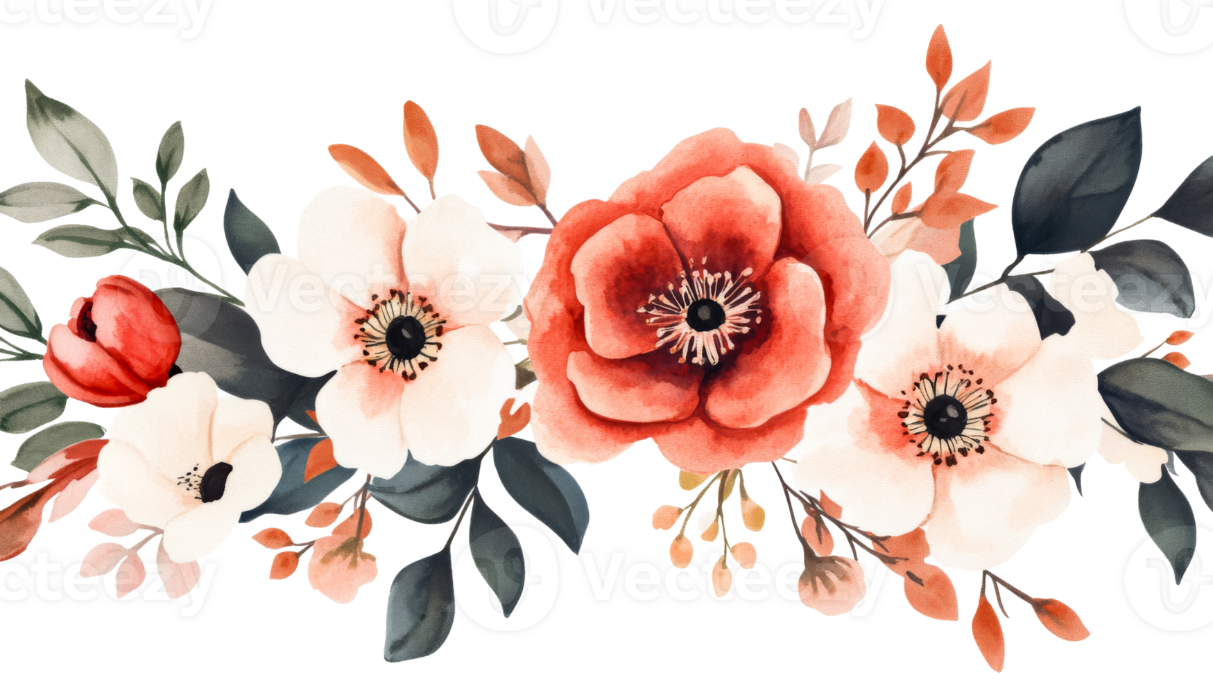 Watercolor florals in red, white, and gray, cut out transparent png