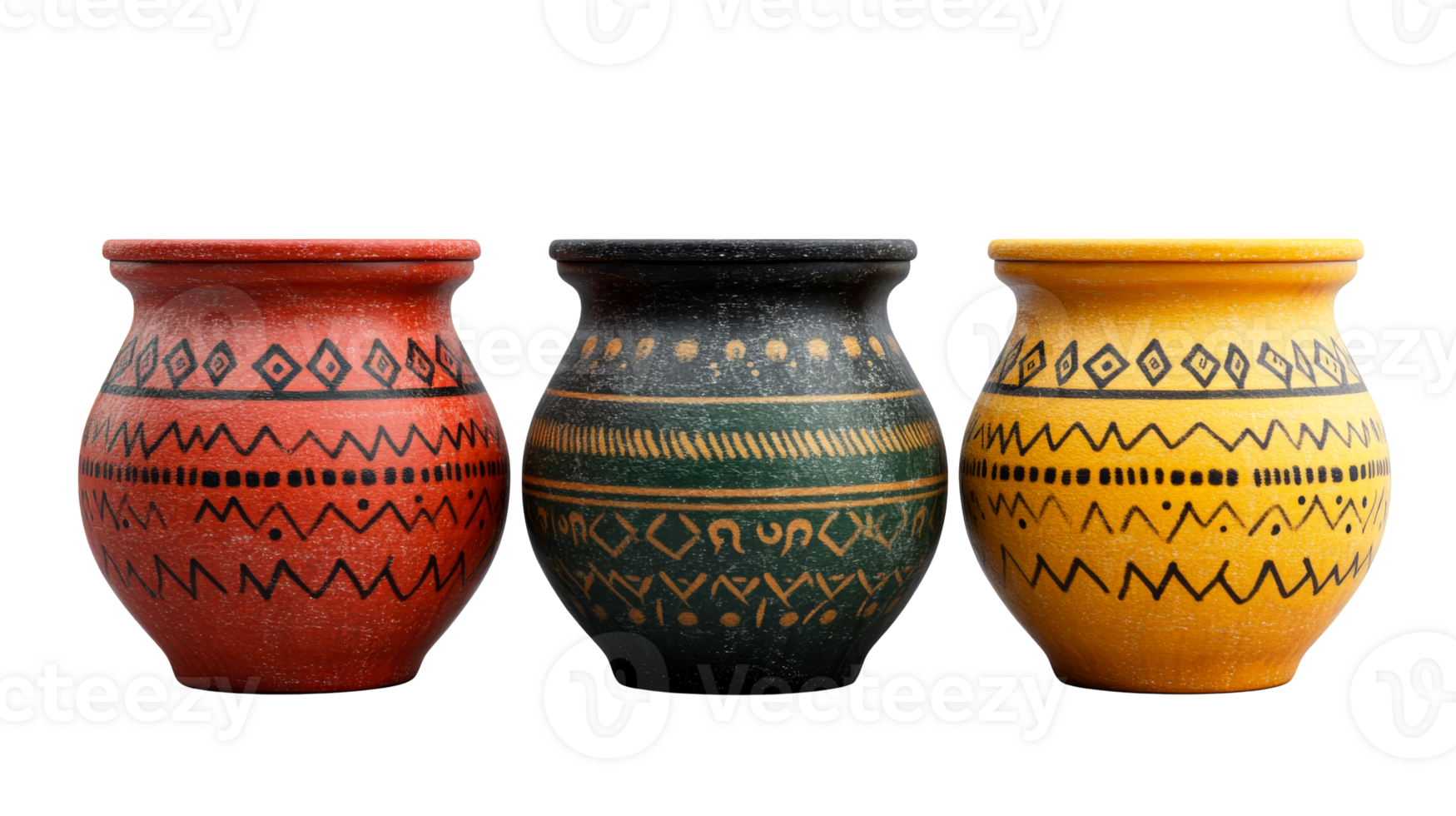 Colorful, decorated vases in a row isolated, cut out transparent png