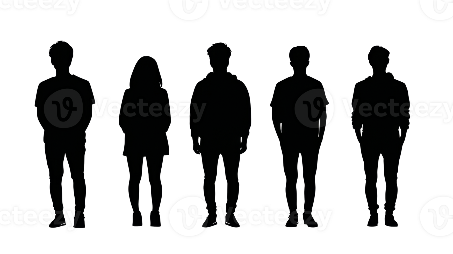 Five people silhouettes stand against black, cut out transparent png
