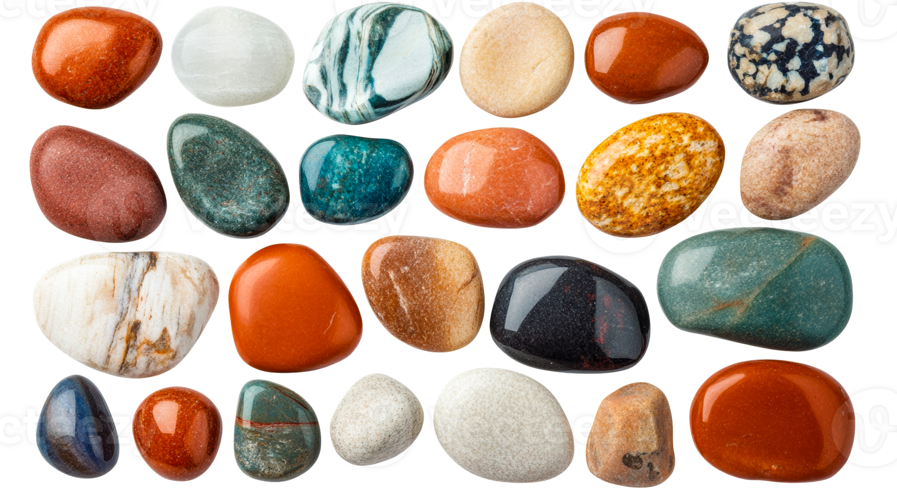 Assorted polished gemstones on black background, cut out transparent png