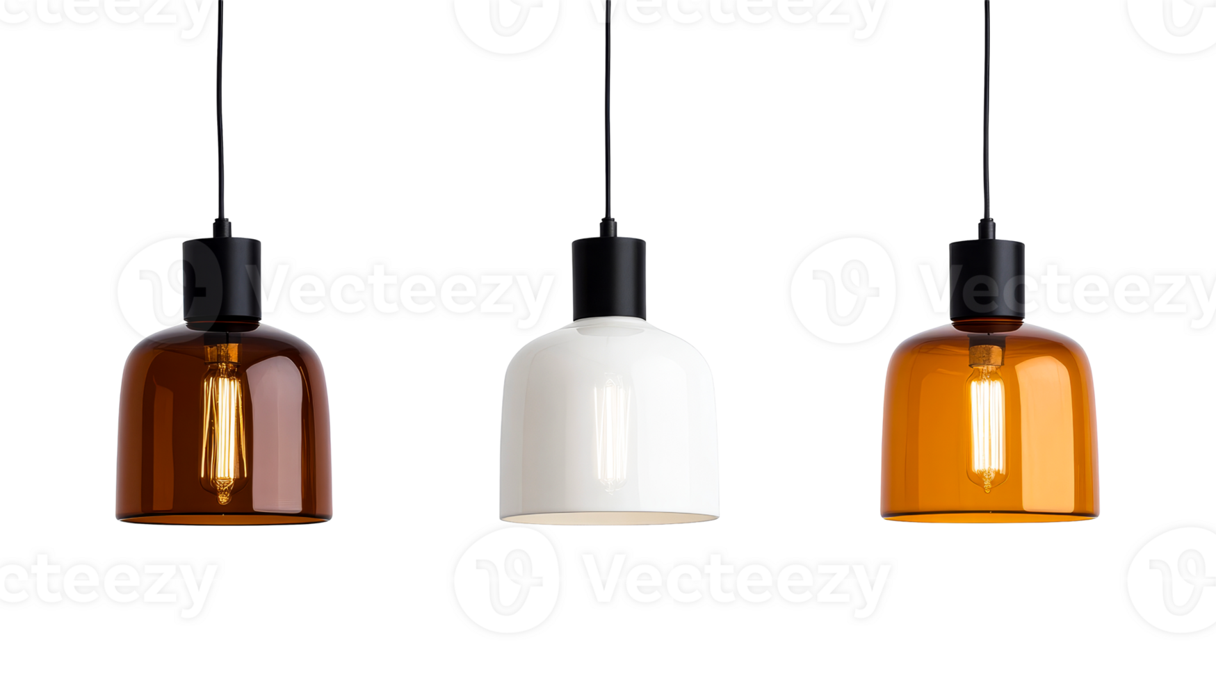 Stylish pendant lights assortment on a black background, cut out transparent png