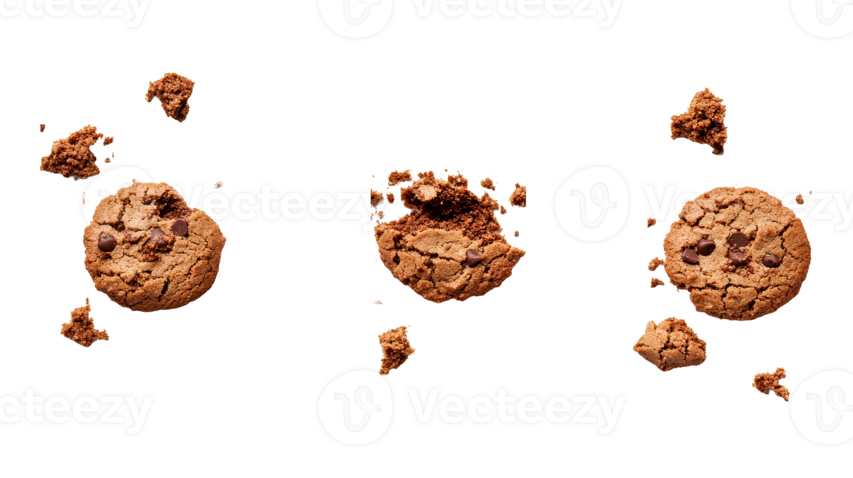 Cookies with chocolate chips arranged, broken crumbs scattered, cut out transparent png