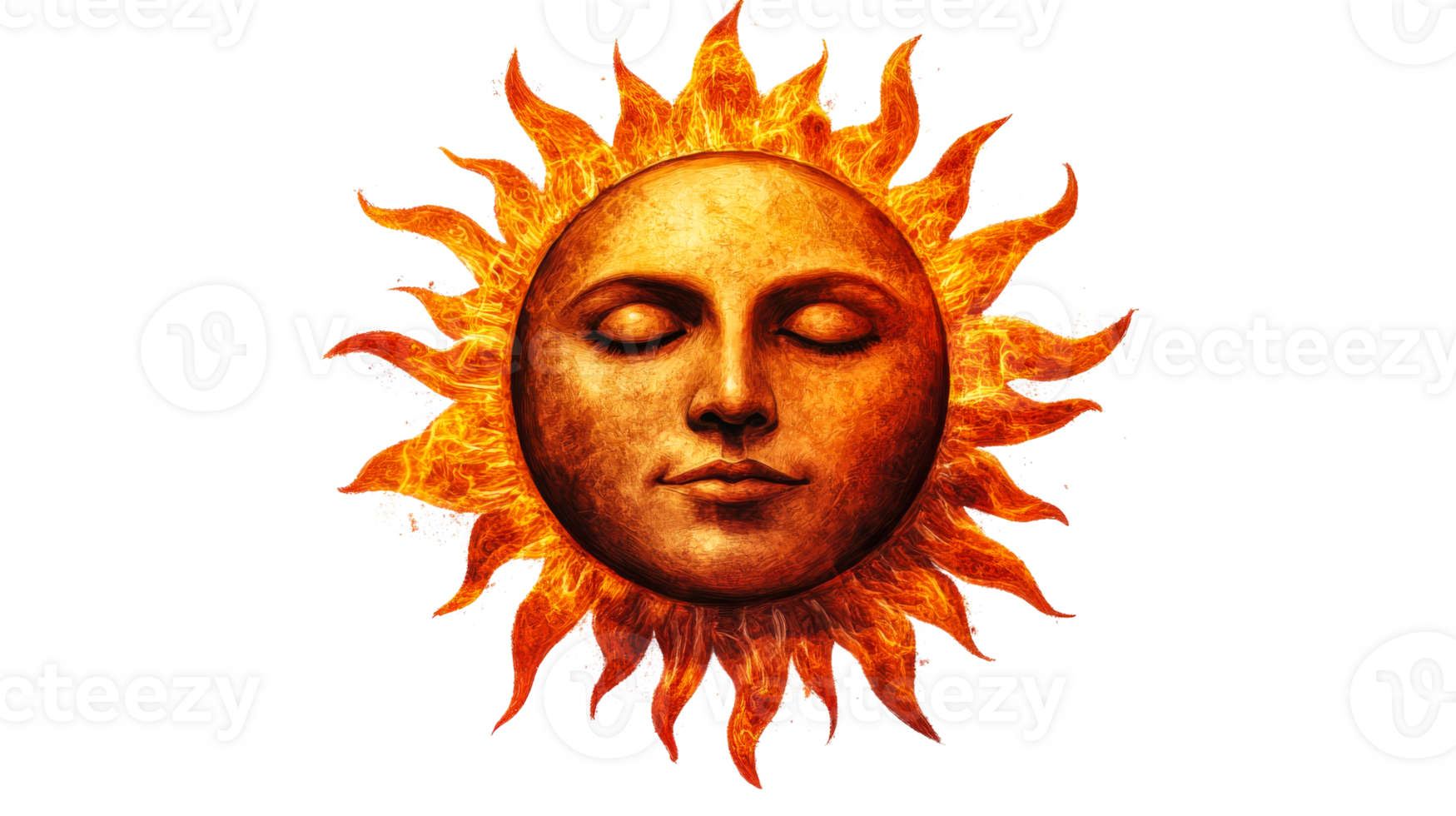 Sun with a Face, fiery appearance, mystical solar deity ,cut out transparent png