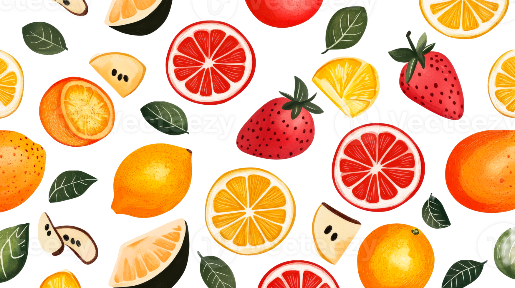 Fresh fruit background with bright citrus and strawberries, cut out transparent png