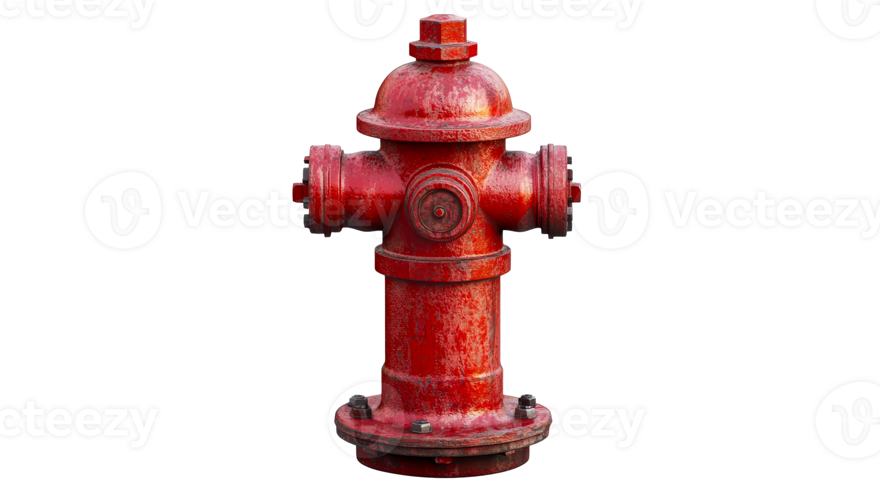 Weathered red fire hydrant with visible wear and tear, cut out transparent png