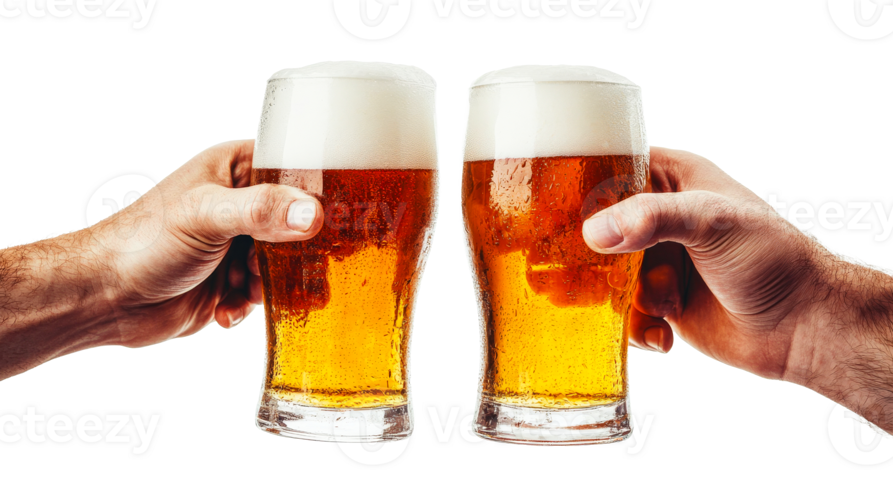 Cheers with Beer Glasses held by Hands, isolated on background, cut out transparent png