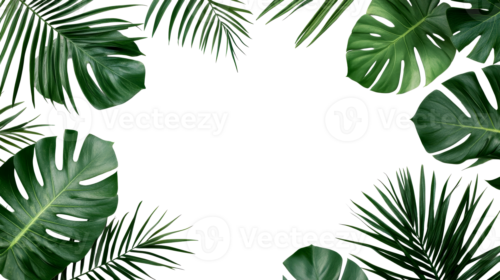 Lush green tropical leaves frame a dark background, cut out transparent png