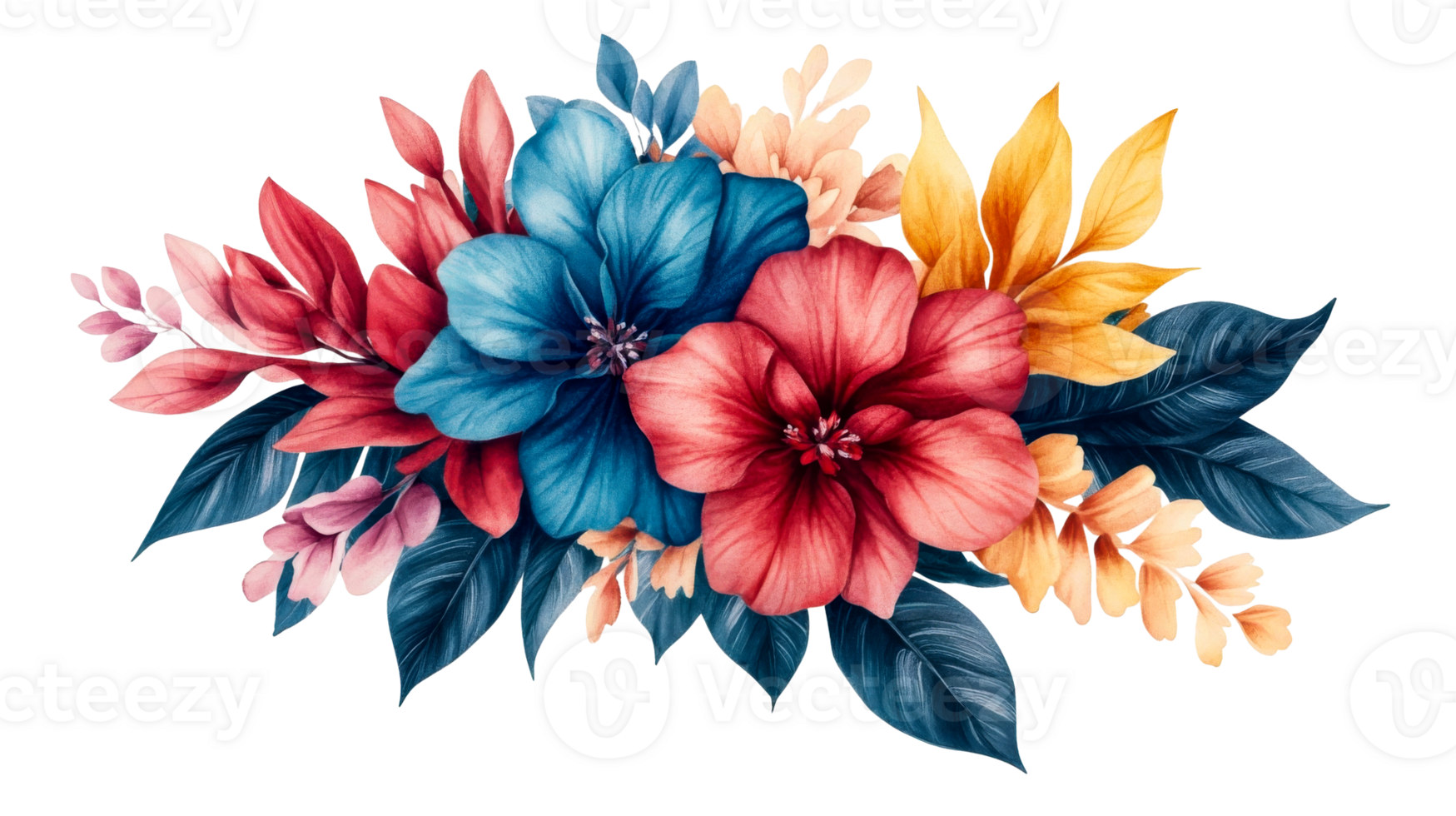 Floral watercolor arrangement with vibrant blooms, cut out transparent png