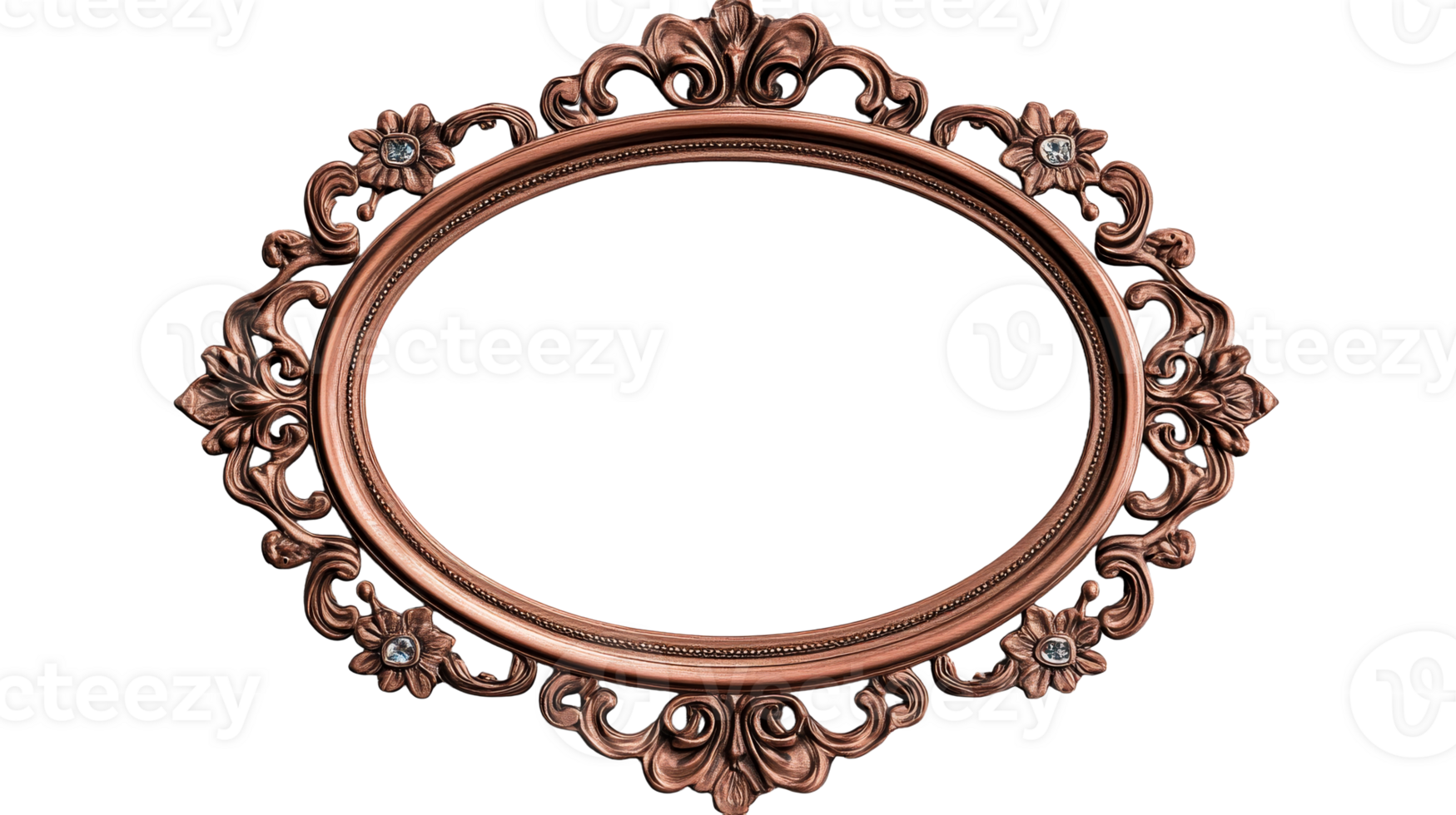 Ornate oval frame with floral details in copper tone, cut out transparent png