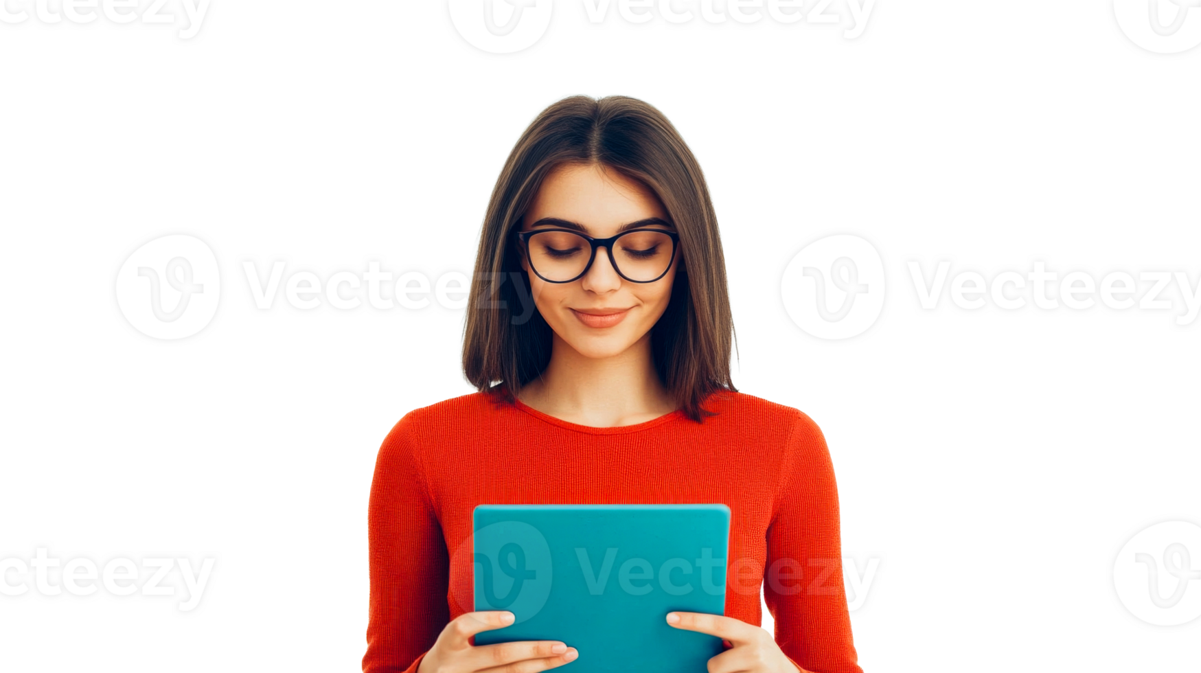 Young woman using a tablet, isolated on black, cut out transparent png