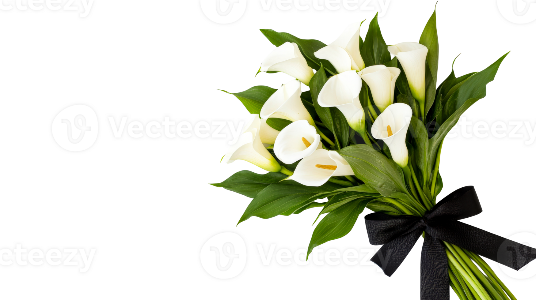 Bouquet of white calla lilies with black ribbon, cut out transparent png
