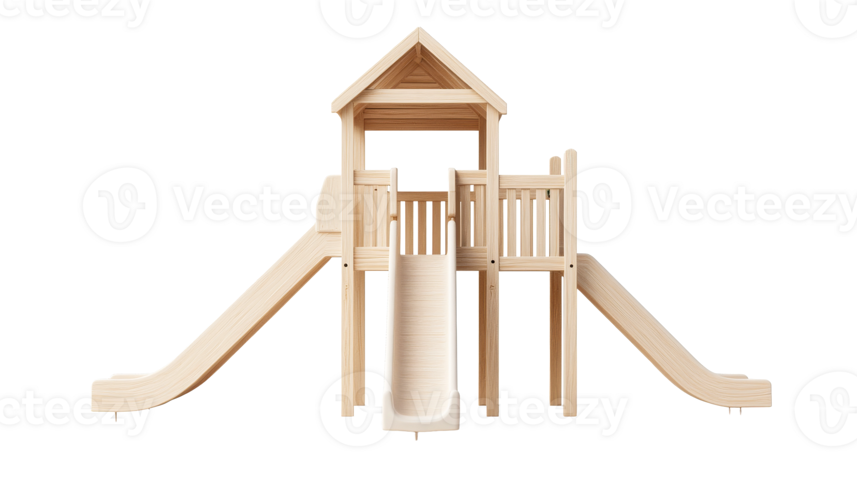 Wooden playhouse with two slides for kids, cut out transparent png