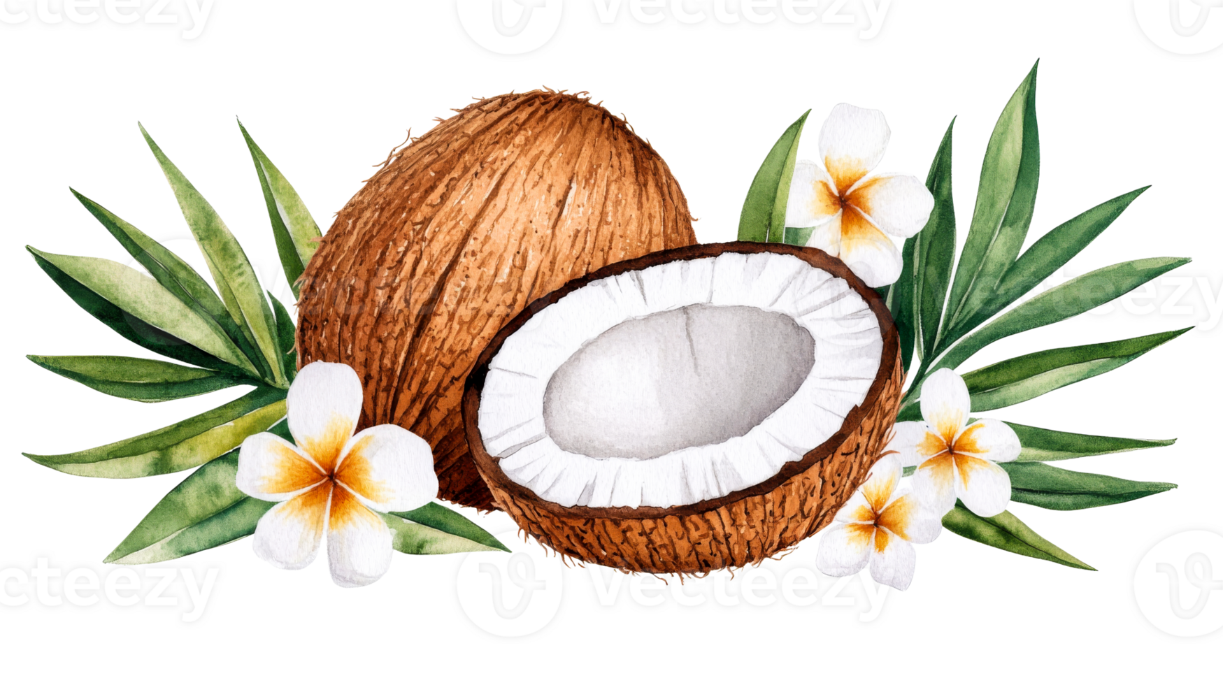 Coconut split, leaves and flower composition, tropical arrangement, cut out transparent png