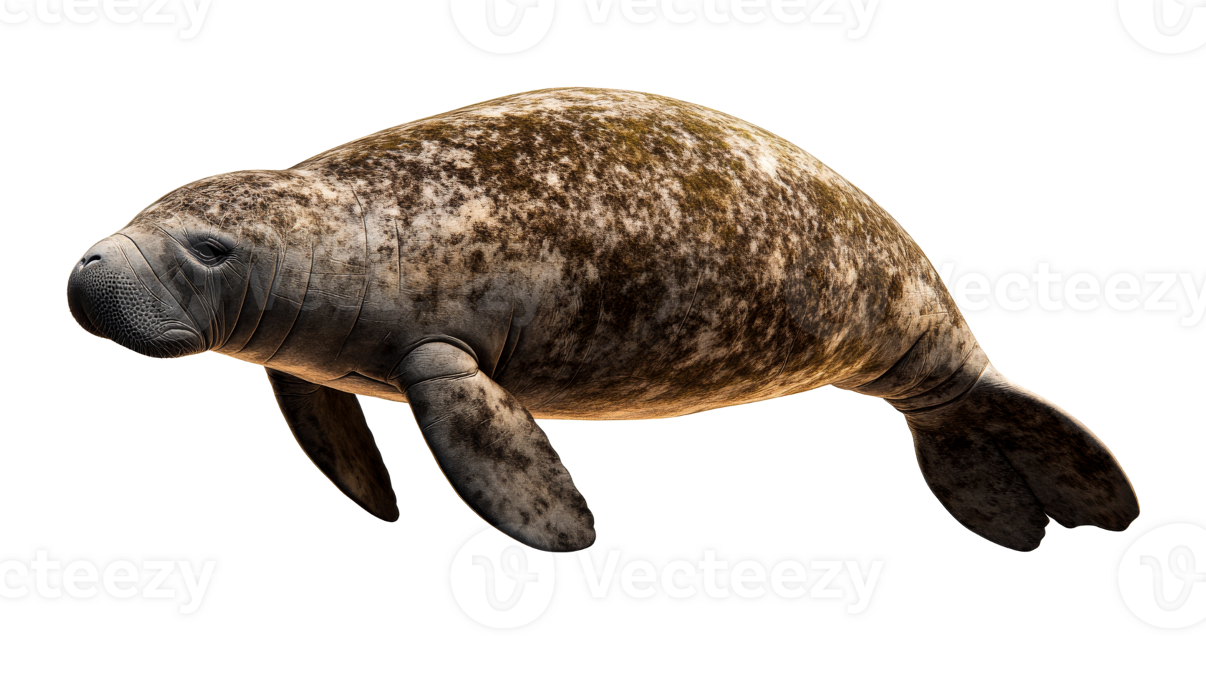 West Indian manatee swimming underwater close-up, isolated, cut out transparent png