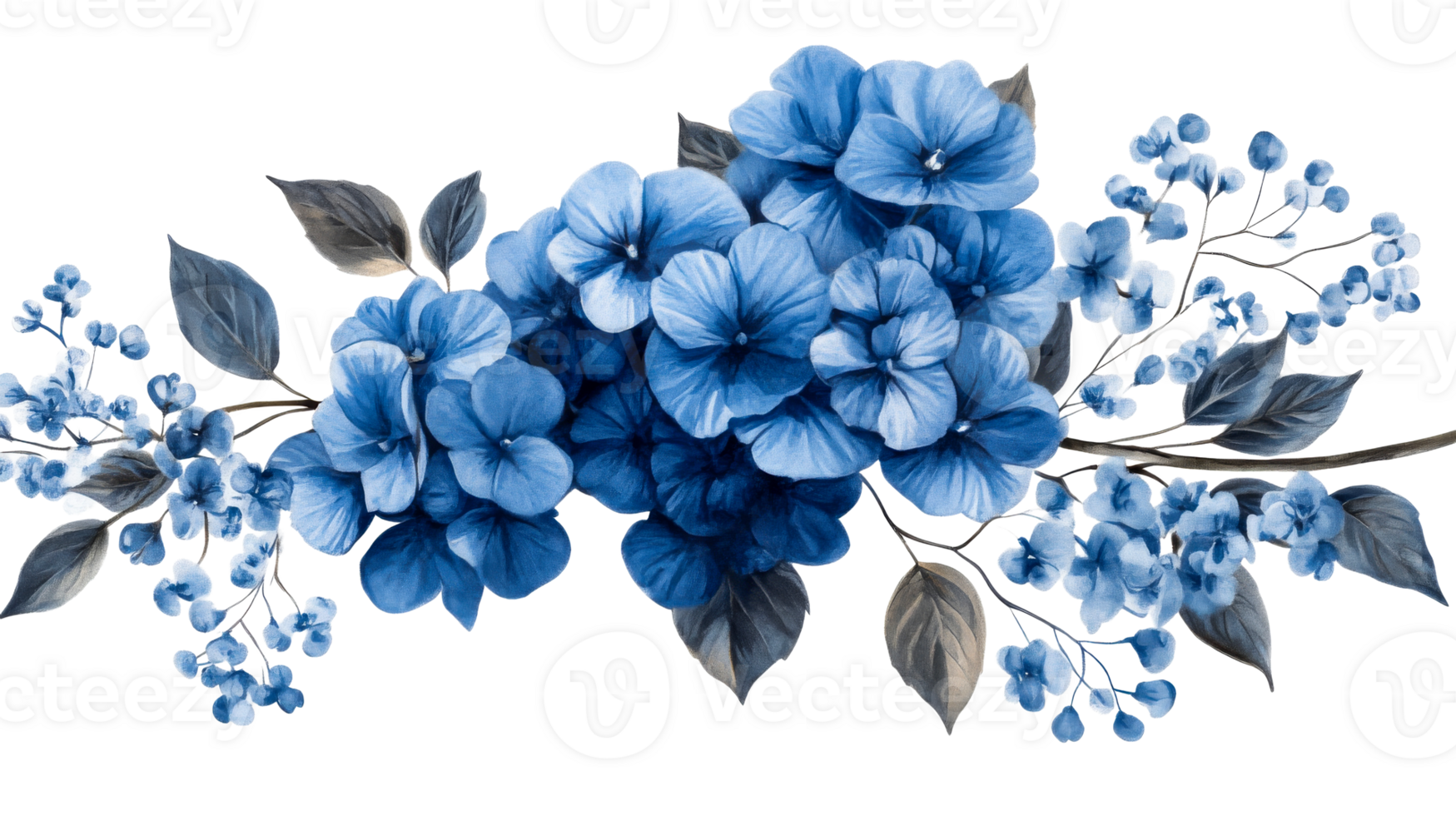 Blue Hydrangea Arrangement with Berries and Leaves, cut out transparent png