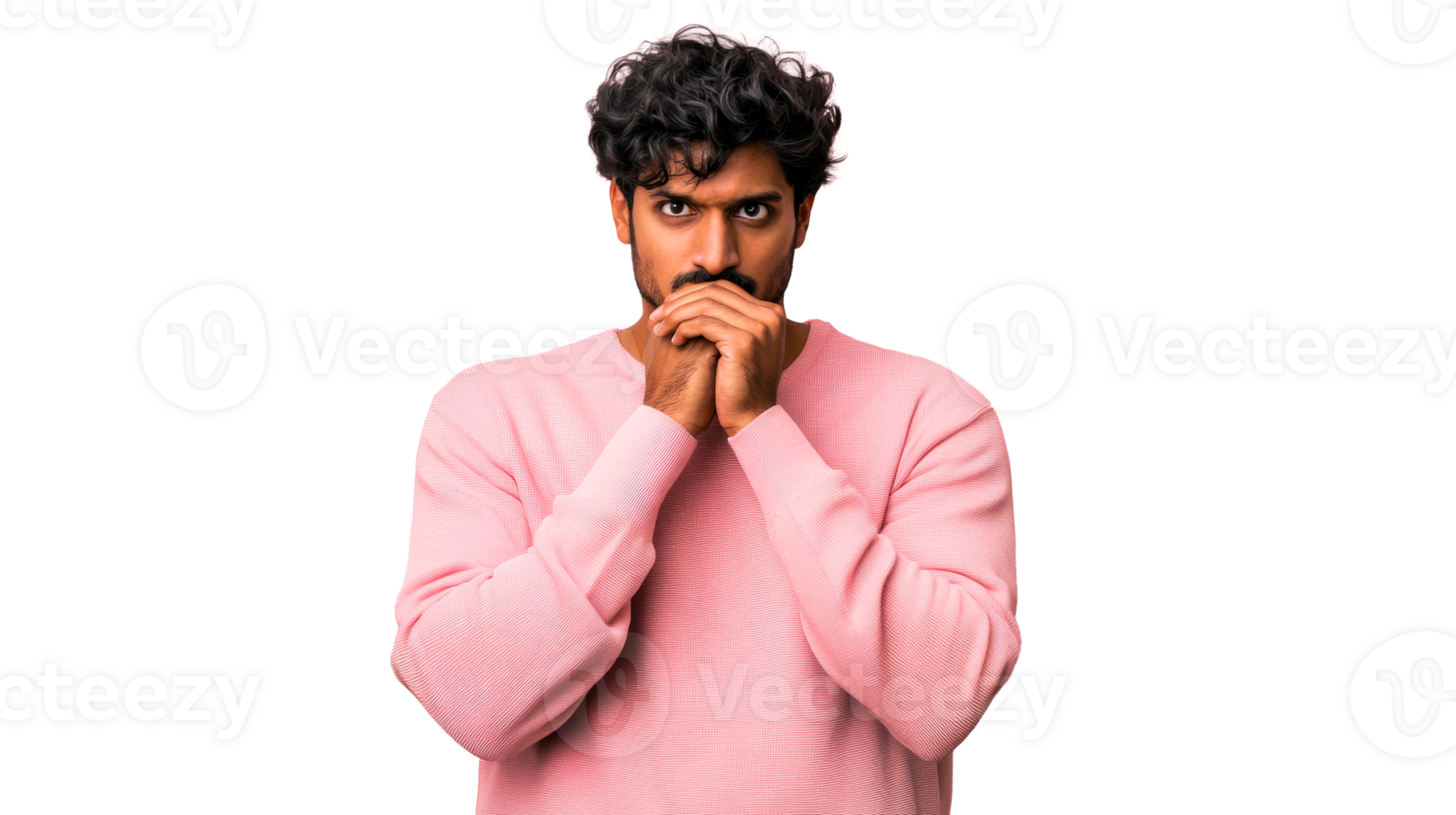 Portrait of a stylish man in pink sweater, face in hands, cut out transparent png