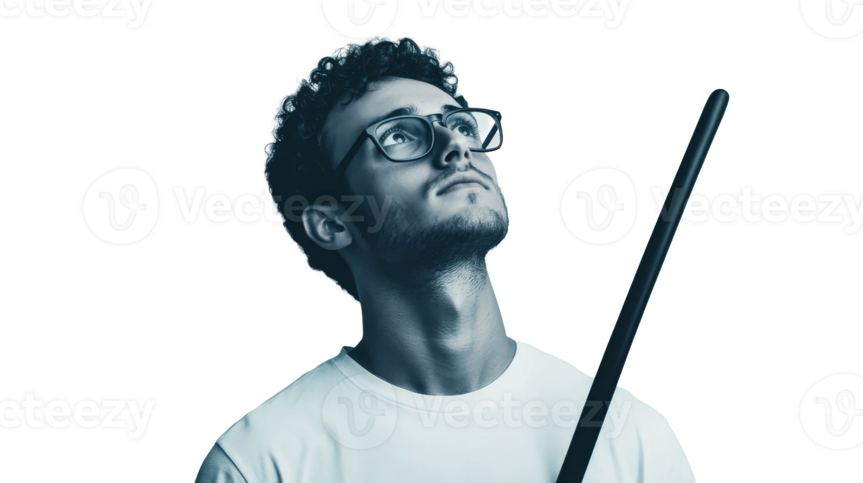 Man with glasses looking up at something, wearing white t-shirt, cut out transparent png
