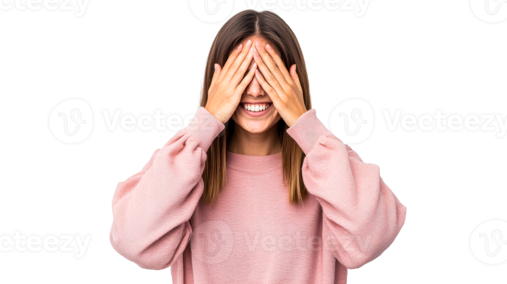 Happy woman covering eyes with hands and smiling, cut out transparent png