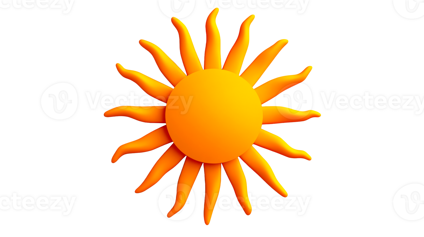 Sun with round face and many rays, orange color, cut out transparent png