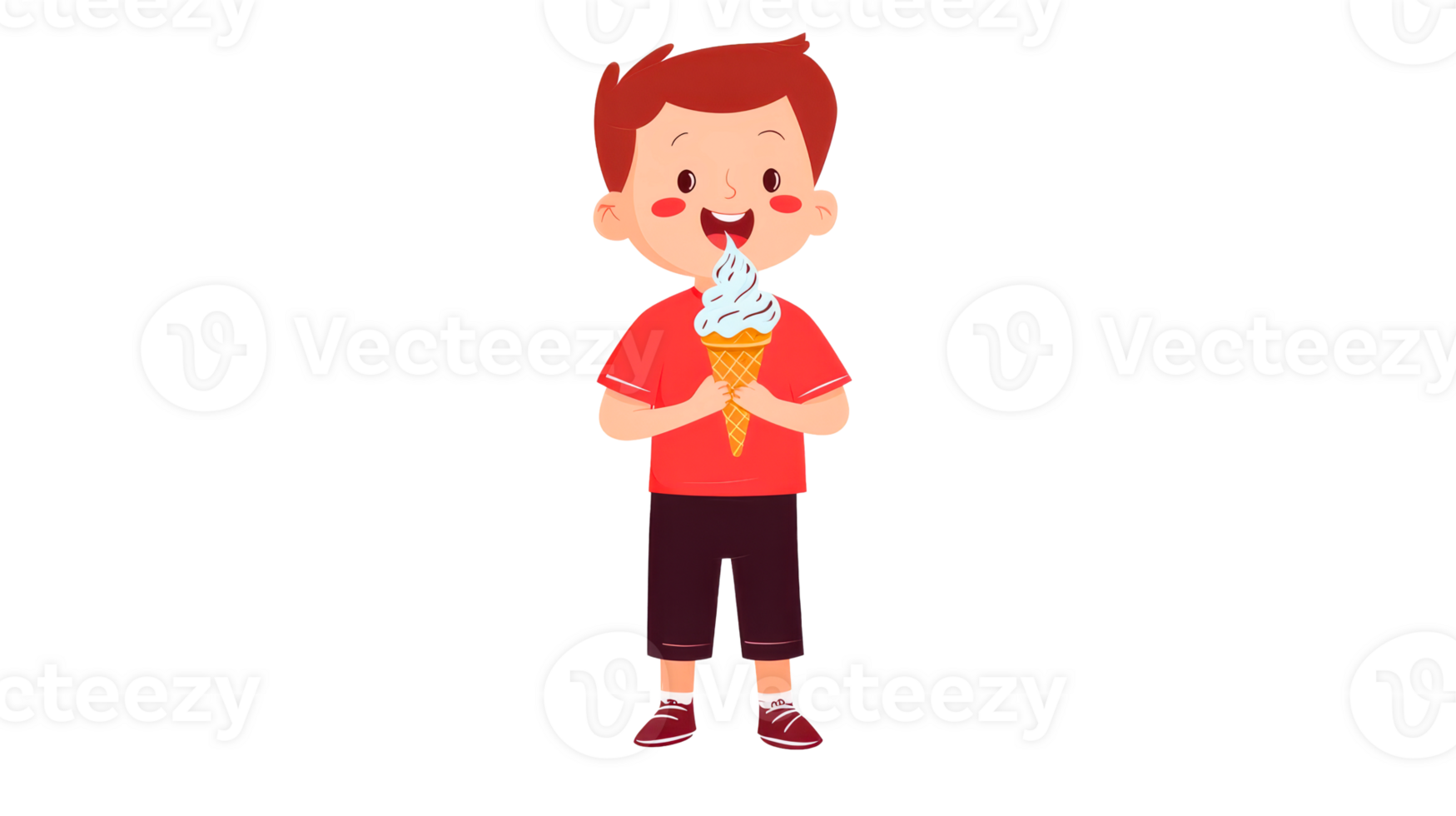 Boy eating ice cream, cartoon character, red hair and shirt, cut out transparent png