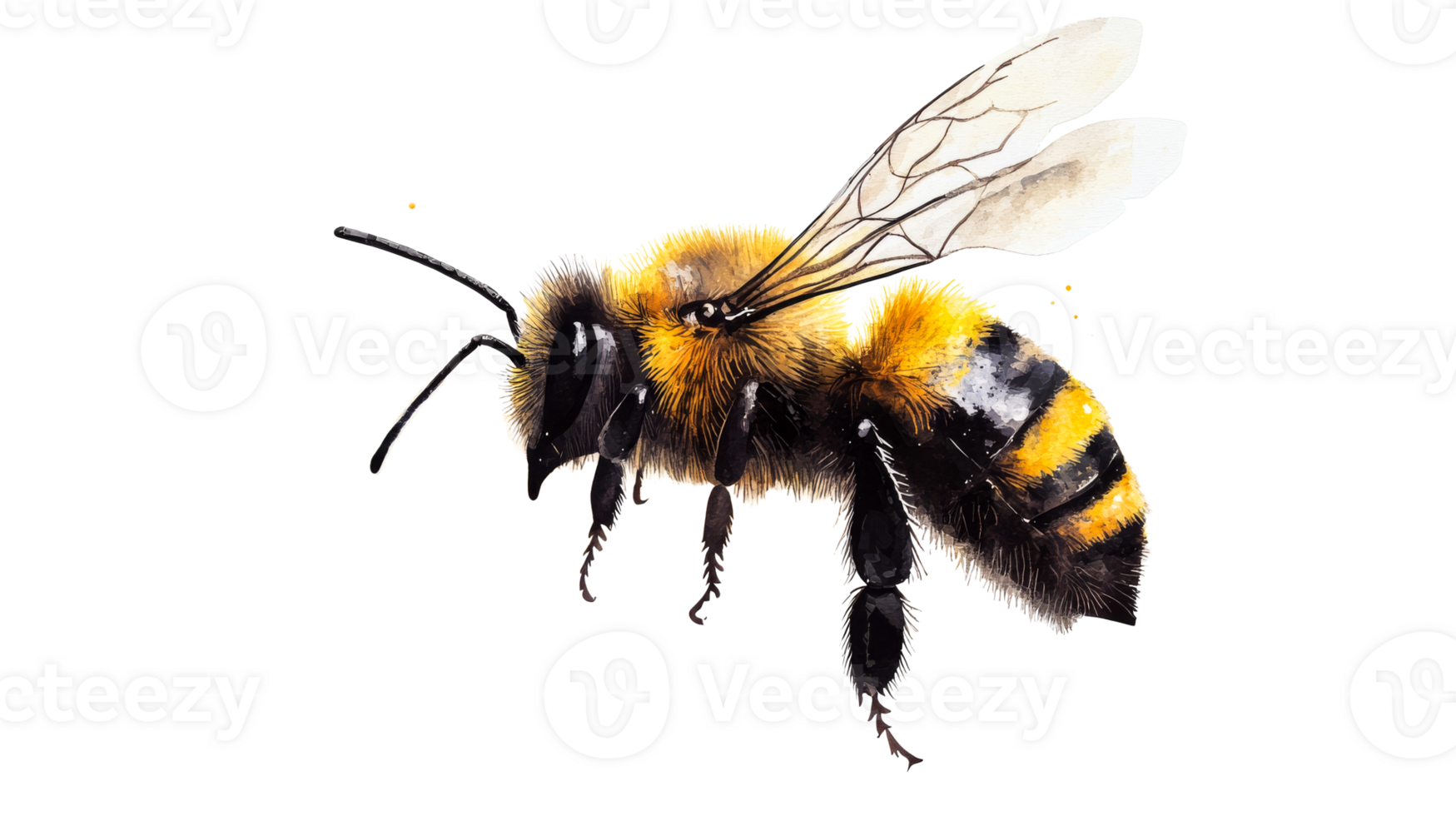 Bumblebee with Watercolor Texture, Pollinator in Flight, cut out transparent png