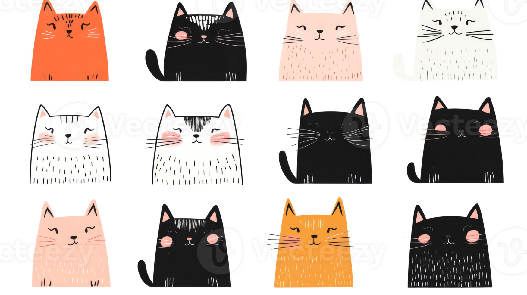 Cat faces expressions, various colors, cute, art pattern, cut out transparent png