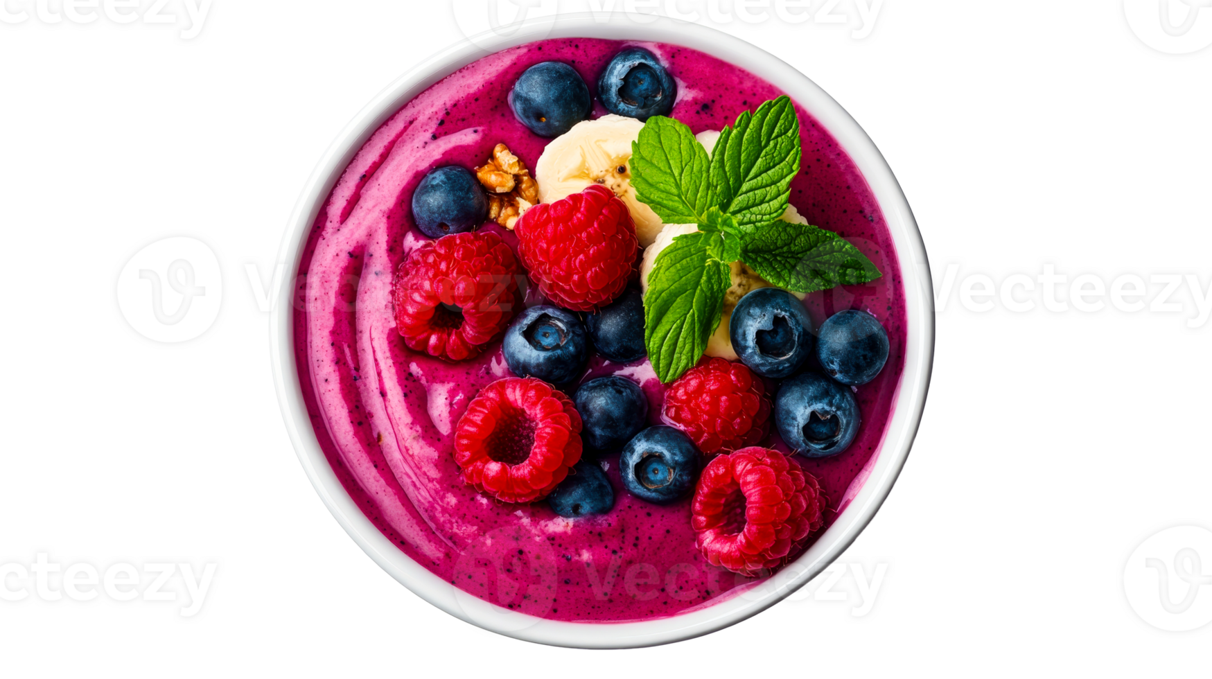 Smoothie bowl with fresh berries and mint, served, cut out transparent png