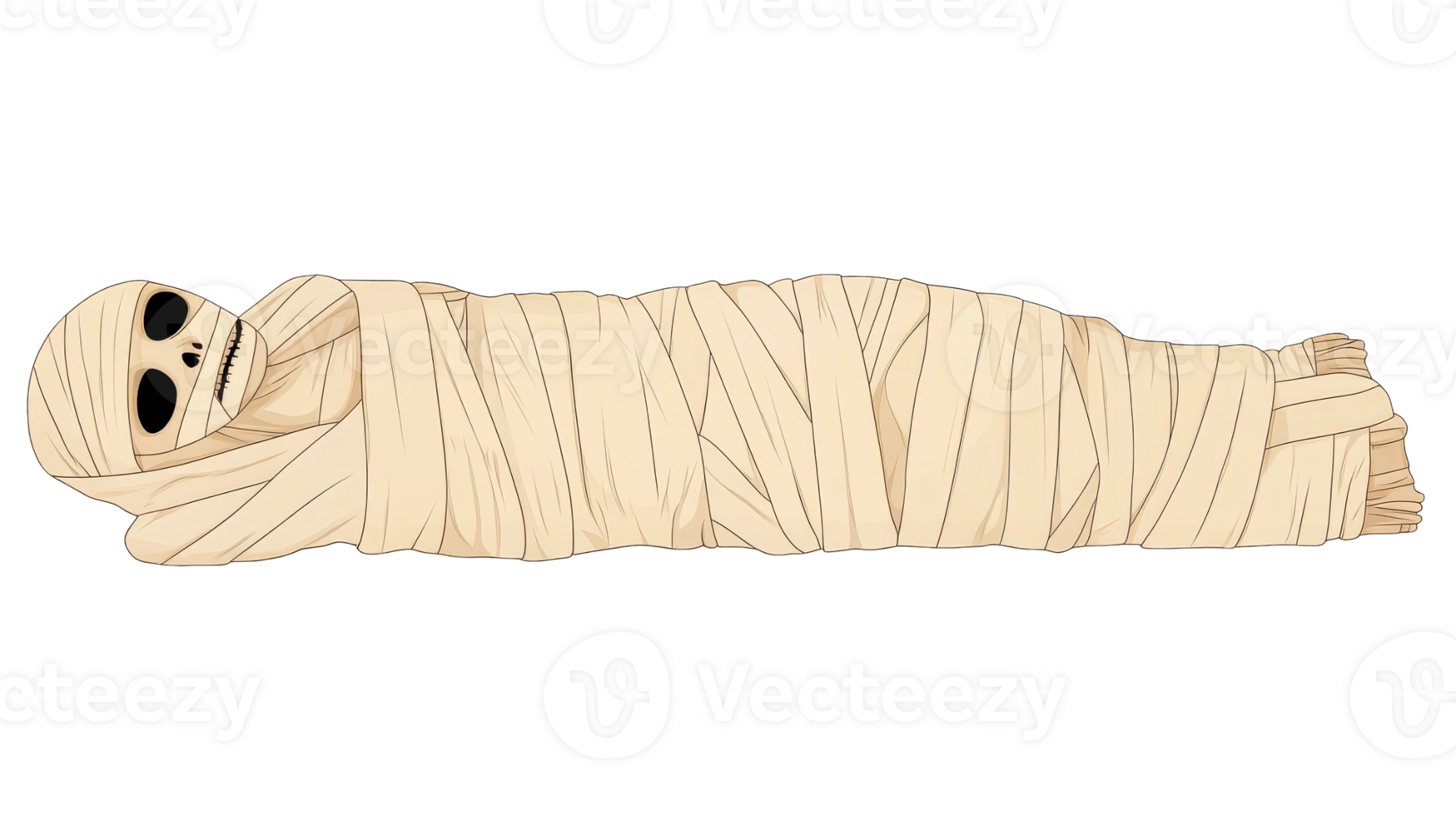 Cartoon mummy in bandages lying down, Halloween, cut out transparent png