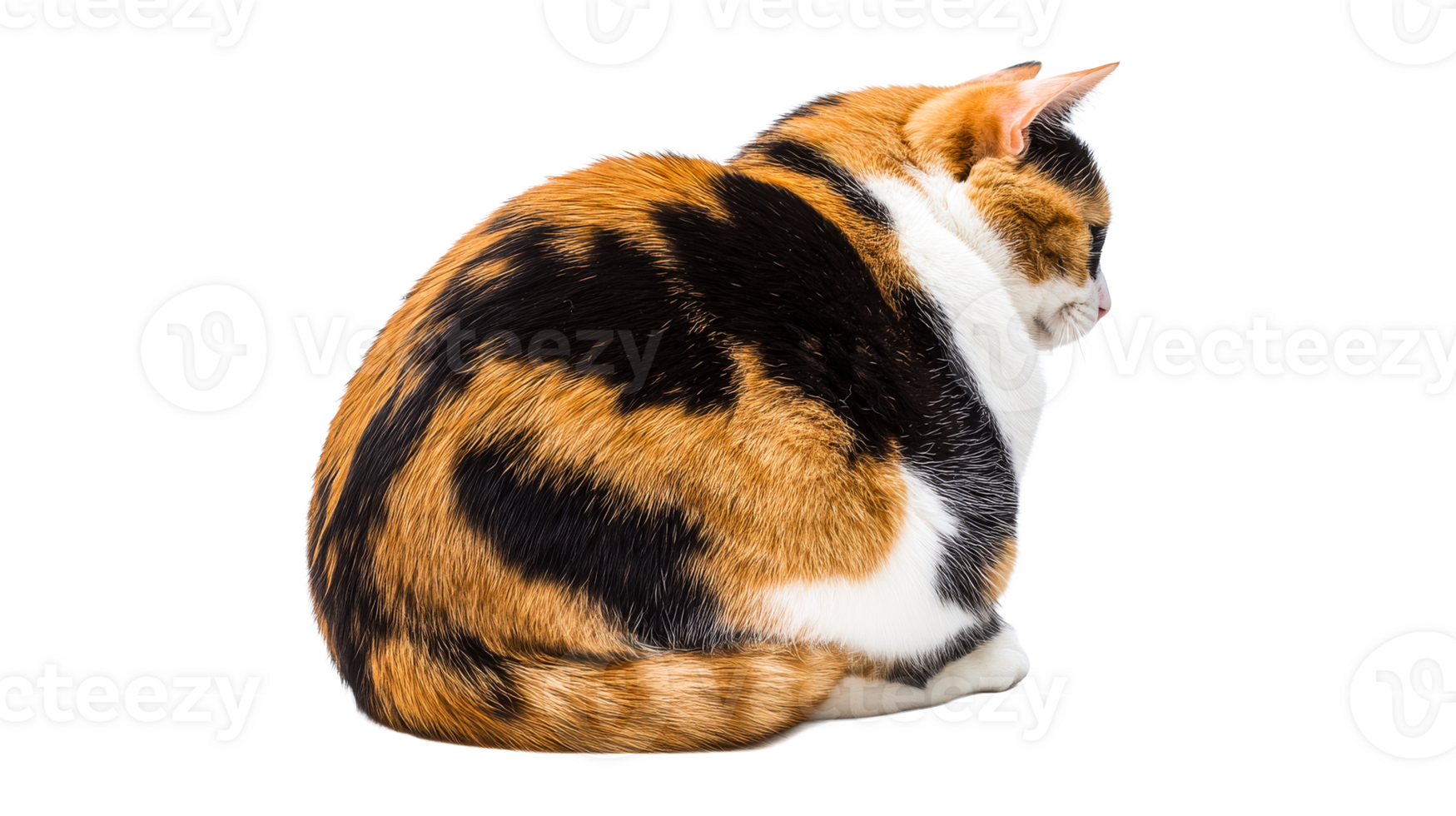 Calico cat is curled up, back view of pet, cut out transparent png