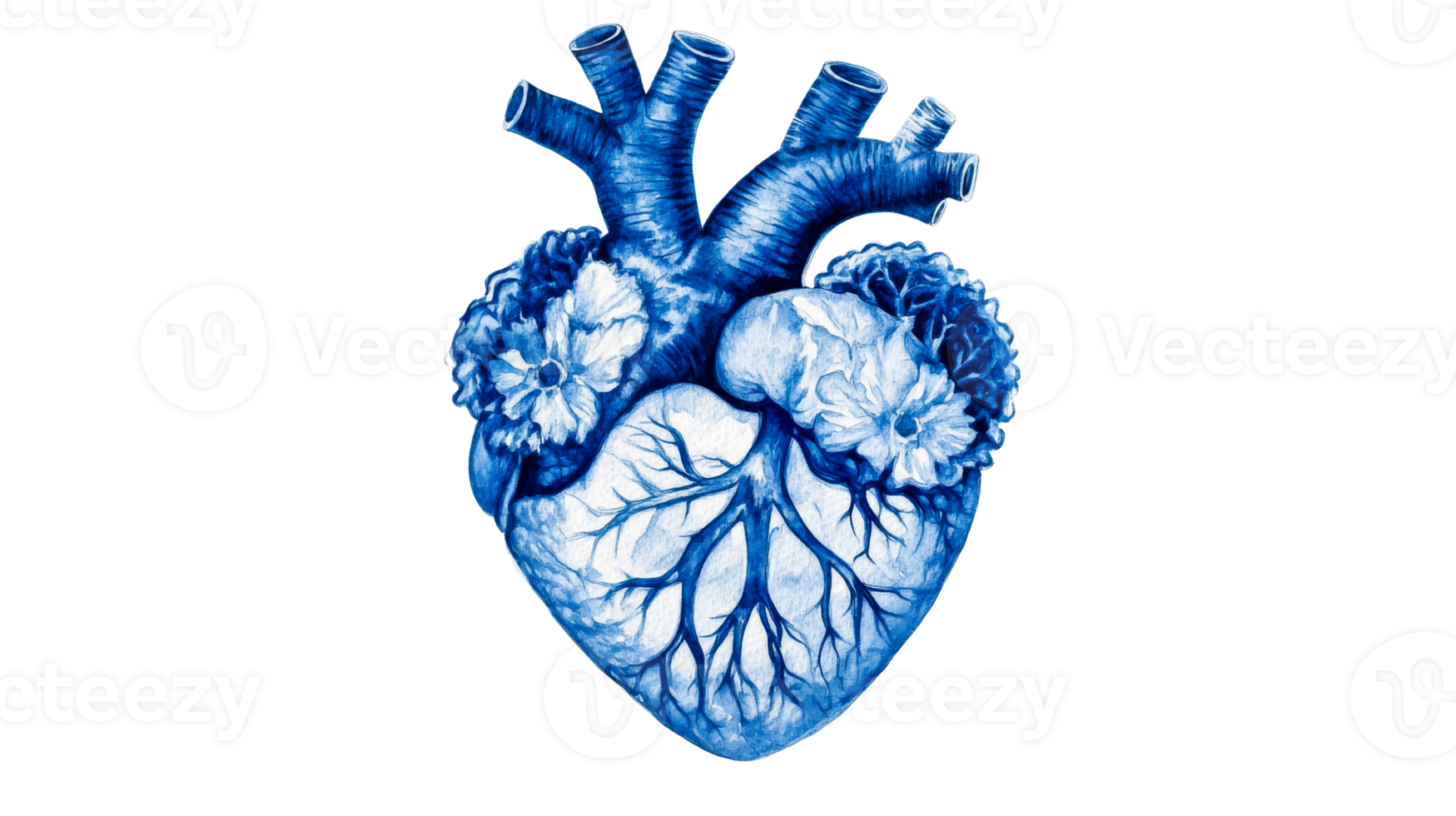 Anatomical heart with flowers and veins, blue drawing, cut out transparent png