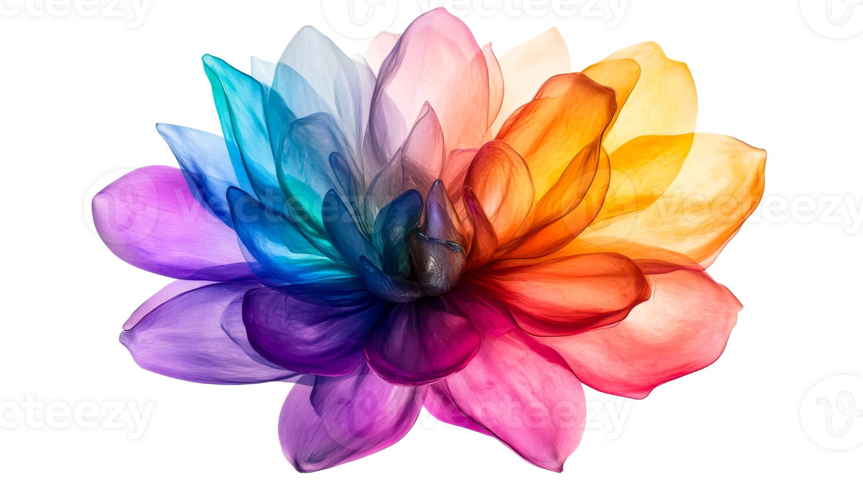 Vibrant colorful bloom with rainbow petals on black background, cut out transparent png