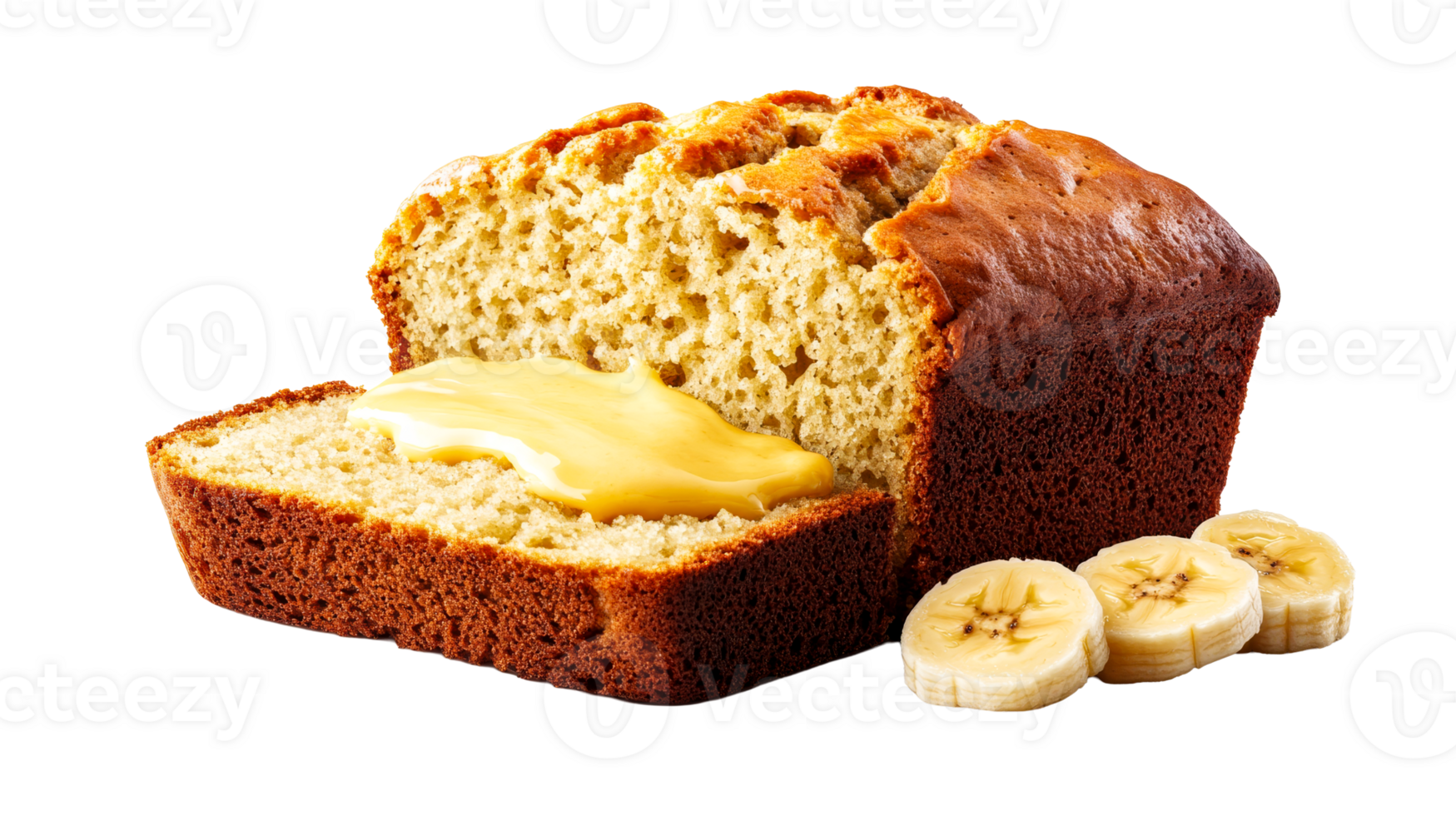Banana bread slice with butter and bananas, cut out transparent png