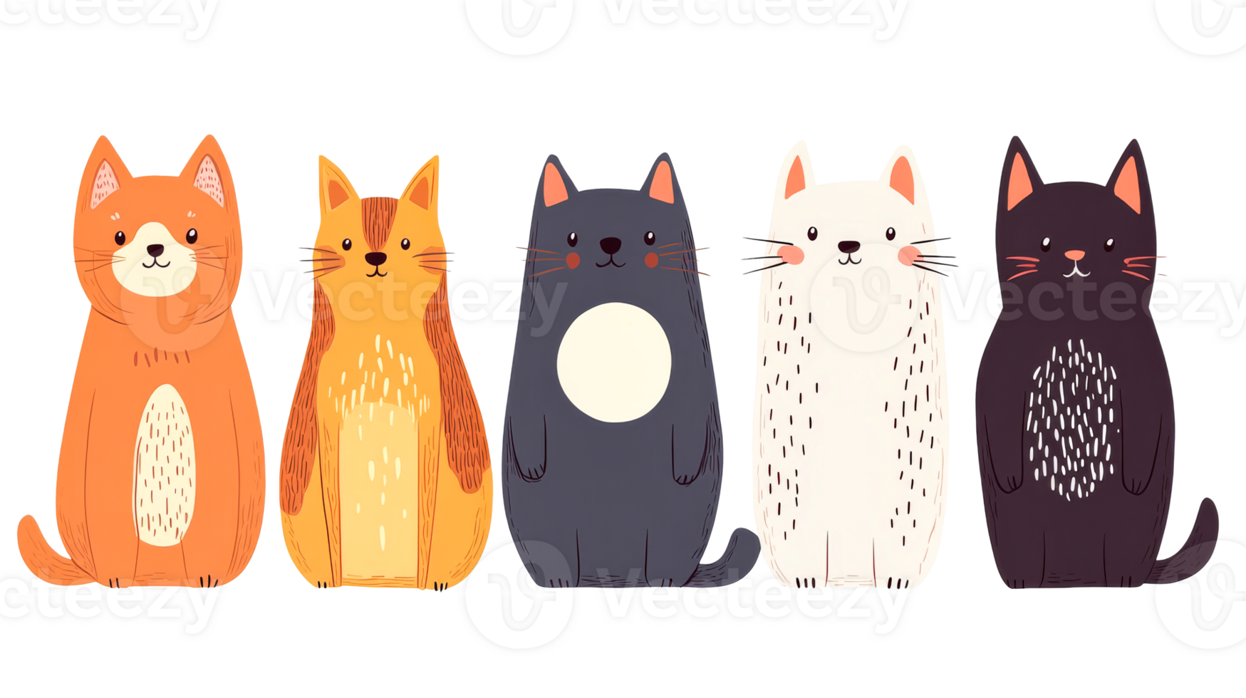 Cats in row, stylized and simplified animal characters, cut out transparent png