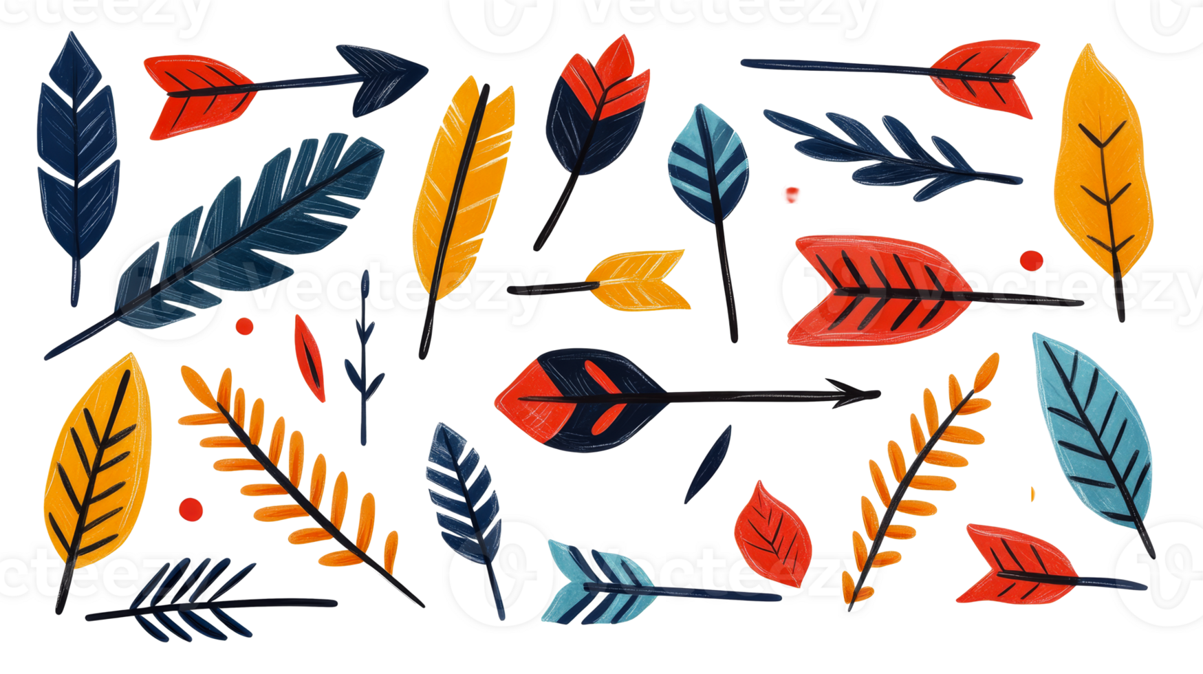 Decorative feathers, arrows illustration pattern design, cut out transparent png