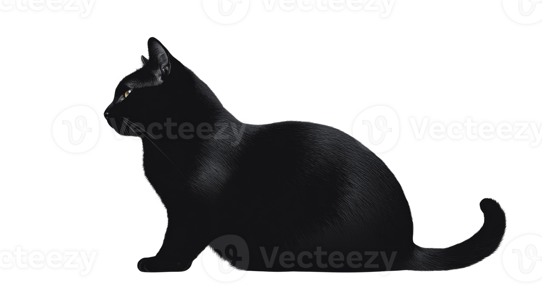 Glossy black cat sitting, isolated on black backdrop, cut out transparent png