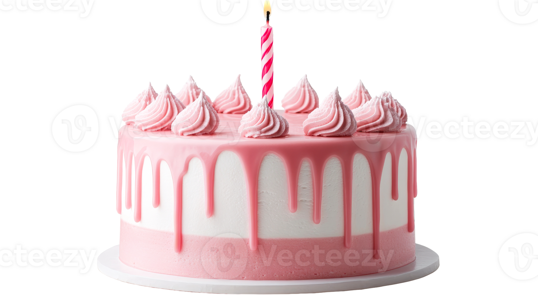 Decorated pink birthday cake with candle, cut out transparent png