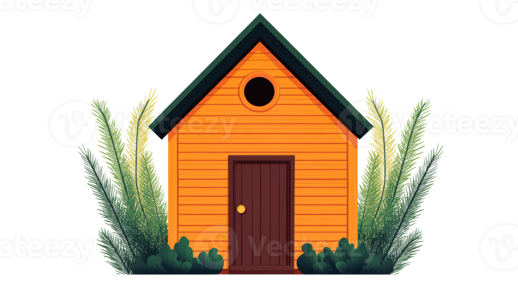 Cozy orange house with dark roof and shrubs, cut out transparent png