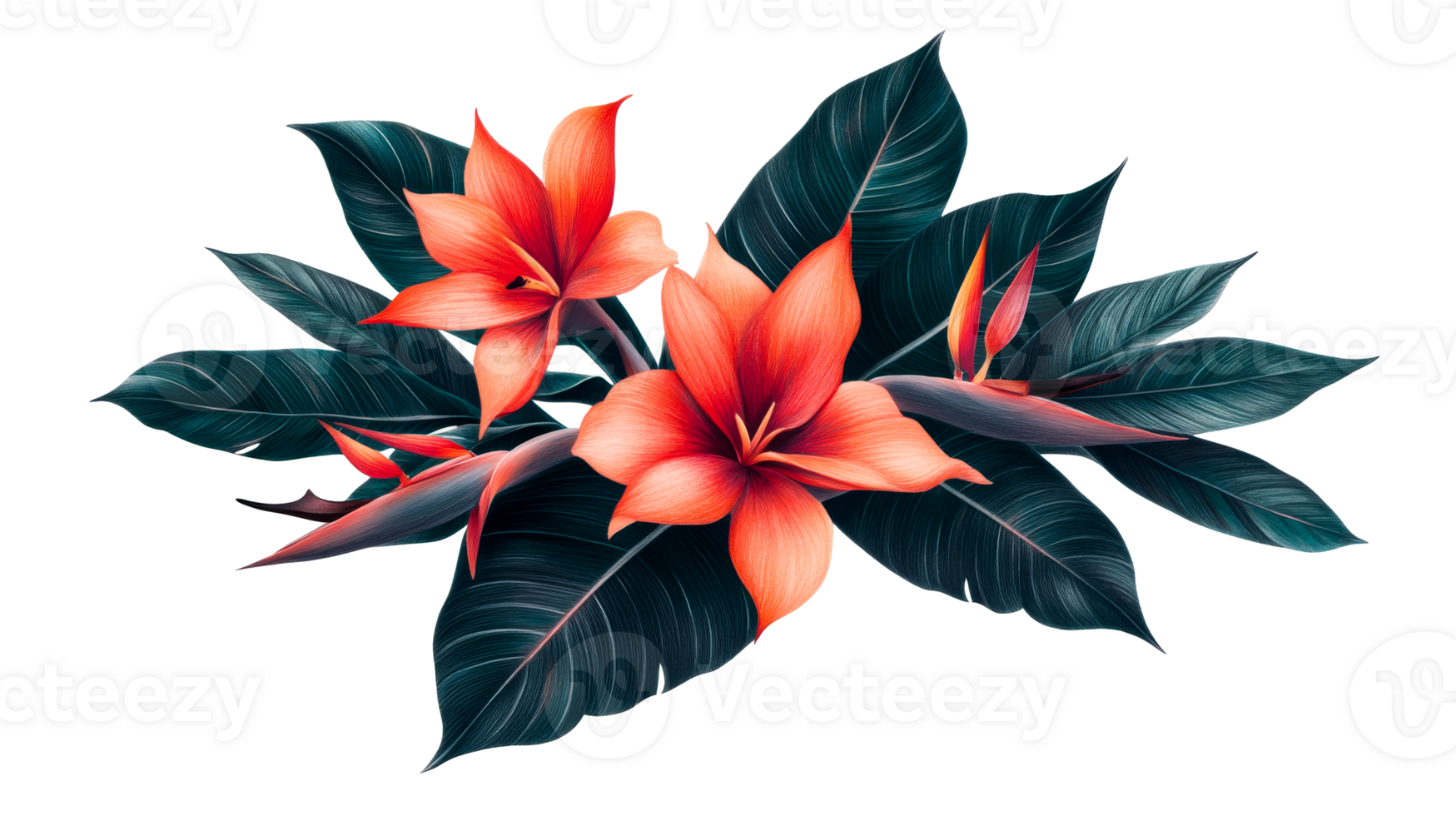Orange flowers and leaves arrangement, detailed artwork, cut out transparent png